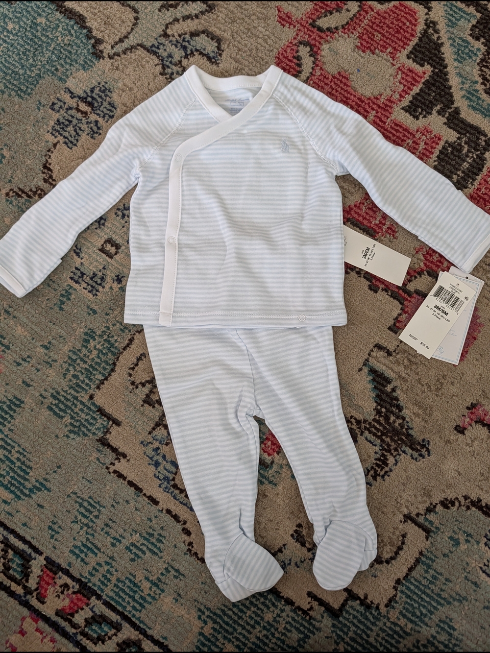 Ralph Lauren Light Blue & White Striped Footed Pajama Set